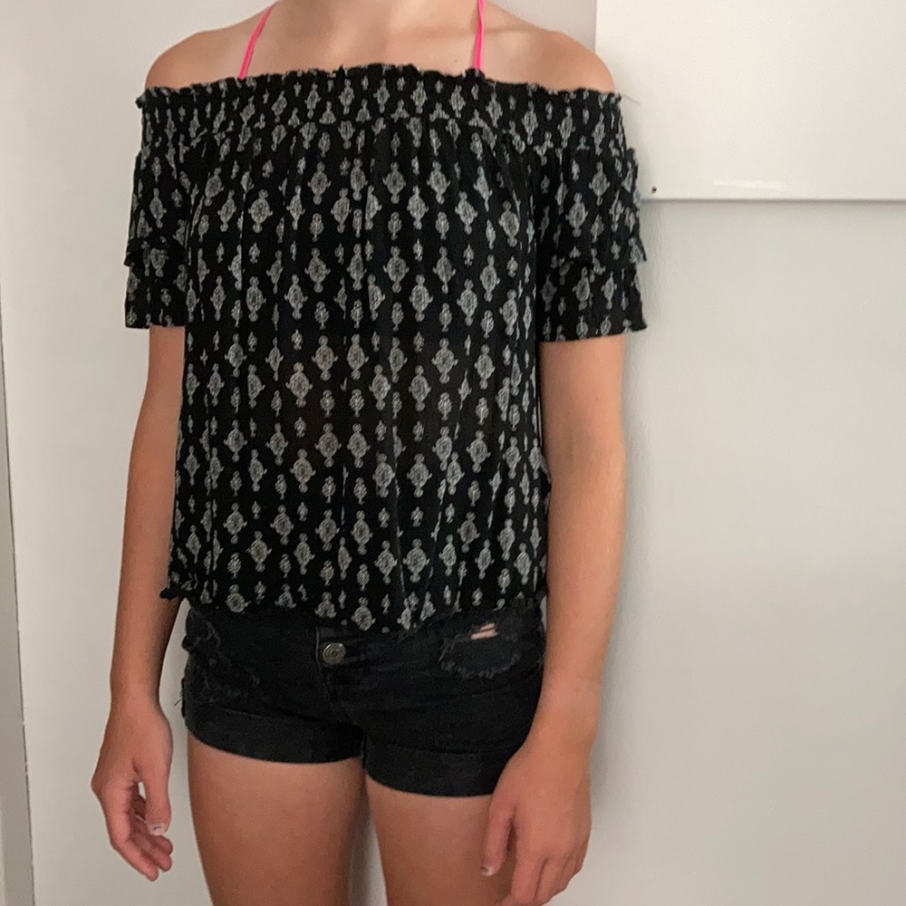 Black, patterned, off the shoulder shirt